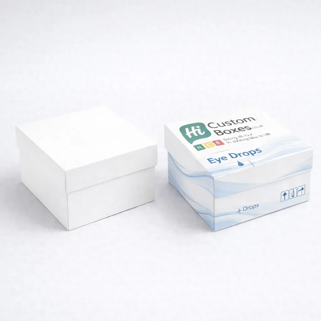 Two tall vertical medicine boxes, one plain white and one with blue accents and product details. class=